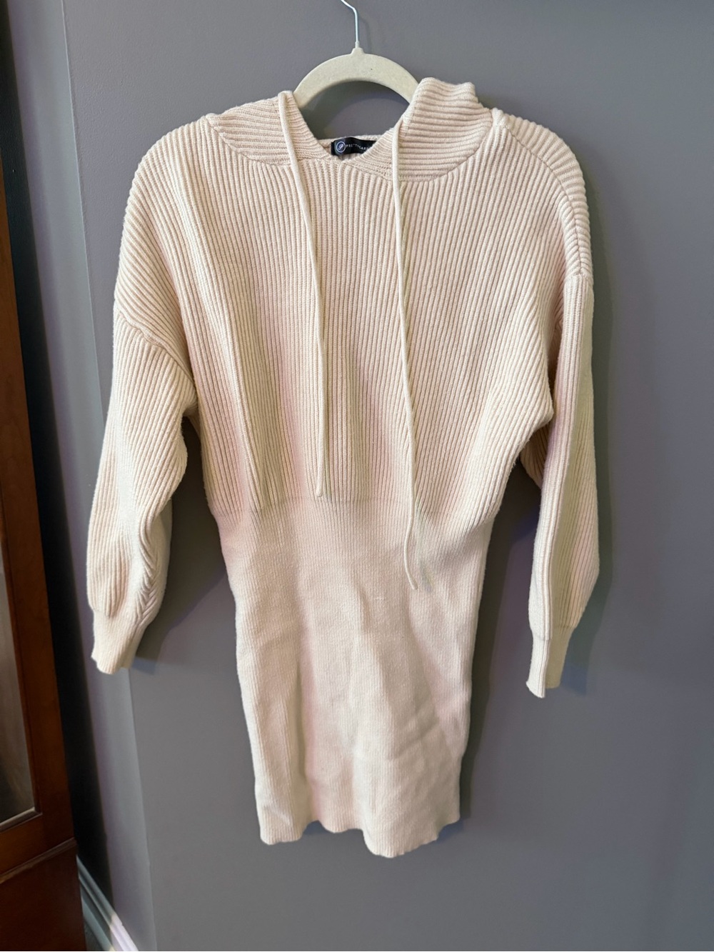 PrettyGarden Long Sleeve Hooded Ribbed Knit Dress in Cream. Medium